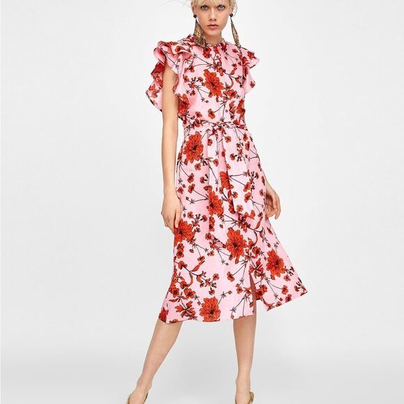 Zara Dresses & Skirts - ZARA Woman Linen Blushing Blossom Ruffle Midi Dress XS